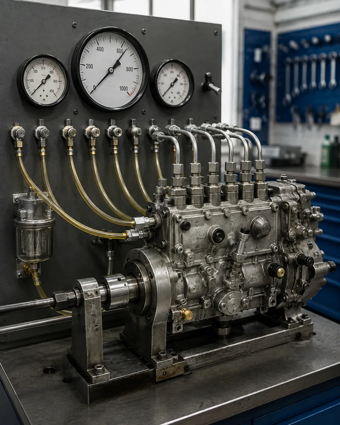 Pompa basınç test setup + gösterge hizmeti görseli — Üçler Pompa Enjektör
