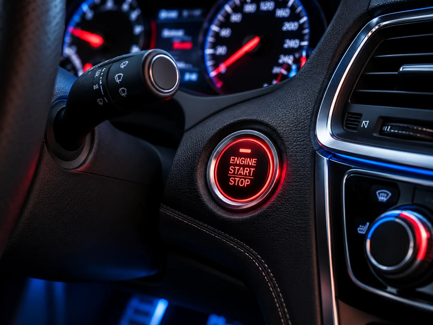 Dizel araç kabini — kırmızı ışıklı Engine Start/Stop düğmesi — Üçler Pompa Enjektör servisi